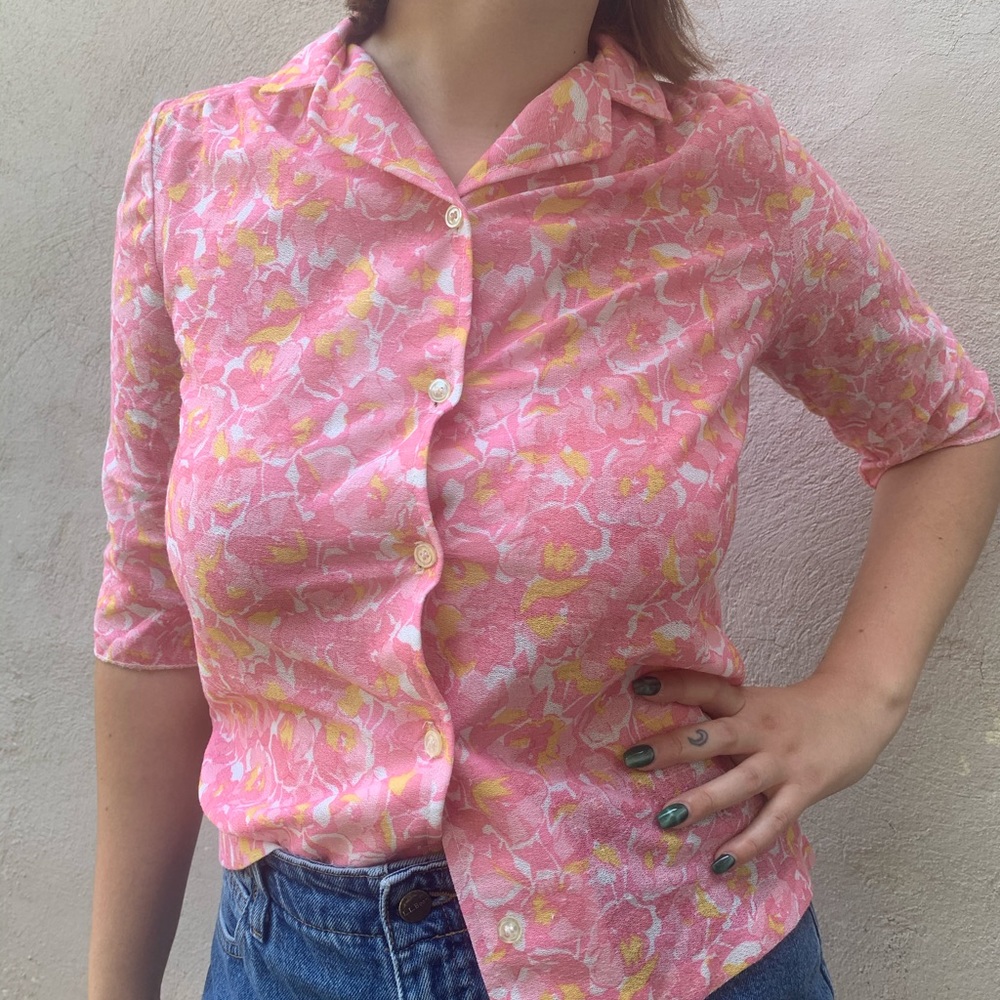 70’s pink floral blouse